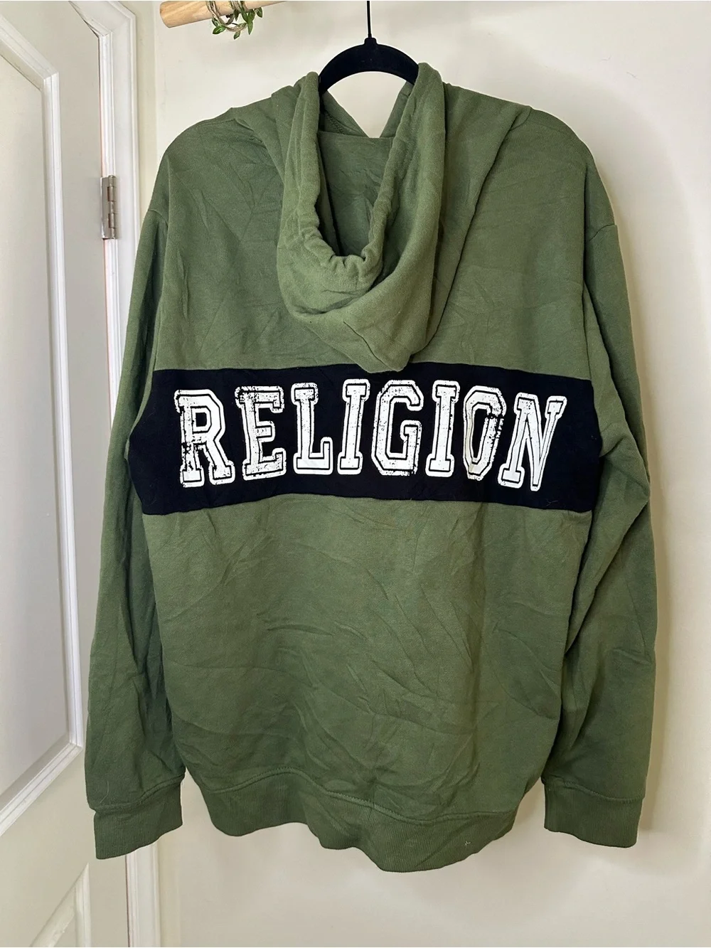 True Religion Hoodie Olive Green Black Split Arch Spellout Pullover Sweatshirt